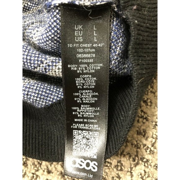 ASOS Mens Sweater Large Blue White Geometric Crewneck Long Sleeve Cotton - Picture 6 of 11